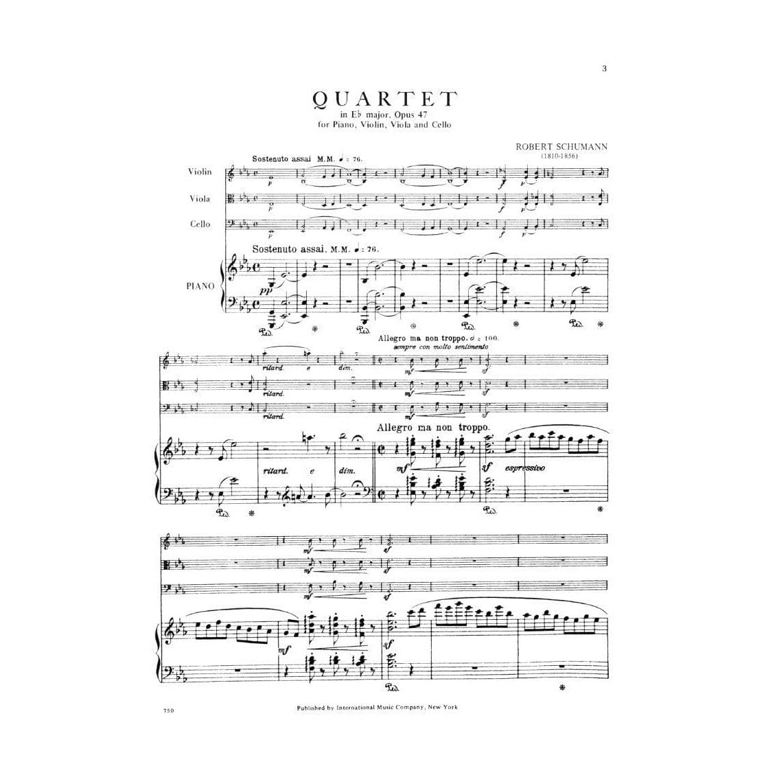 Schumann, Robert - Piano Quartet in E-flat Major Op 47 Published by International Music Company