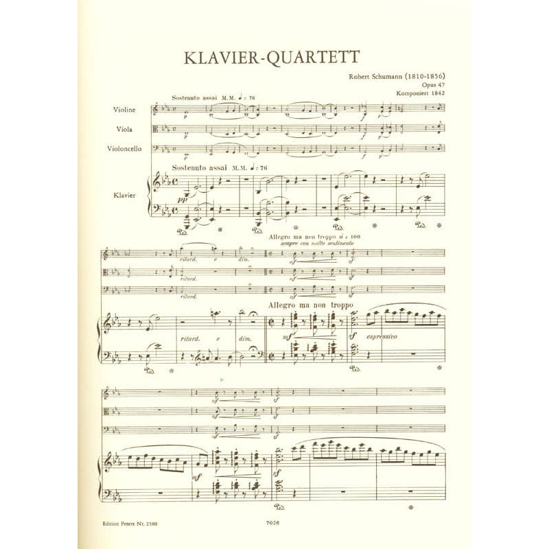 Schumann, Robert - Piano Quartet in E-flat Major, Op 47 Peters Edition