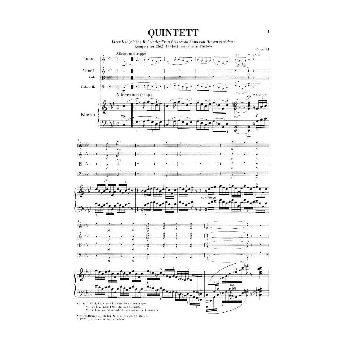Brahms, Johannes - Piano Quintet in f minor Op 34 for Two Violins, Viola, Cello and Piano - Henle Verlag URTEXT Edition