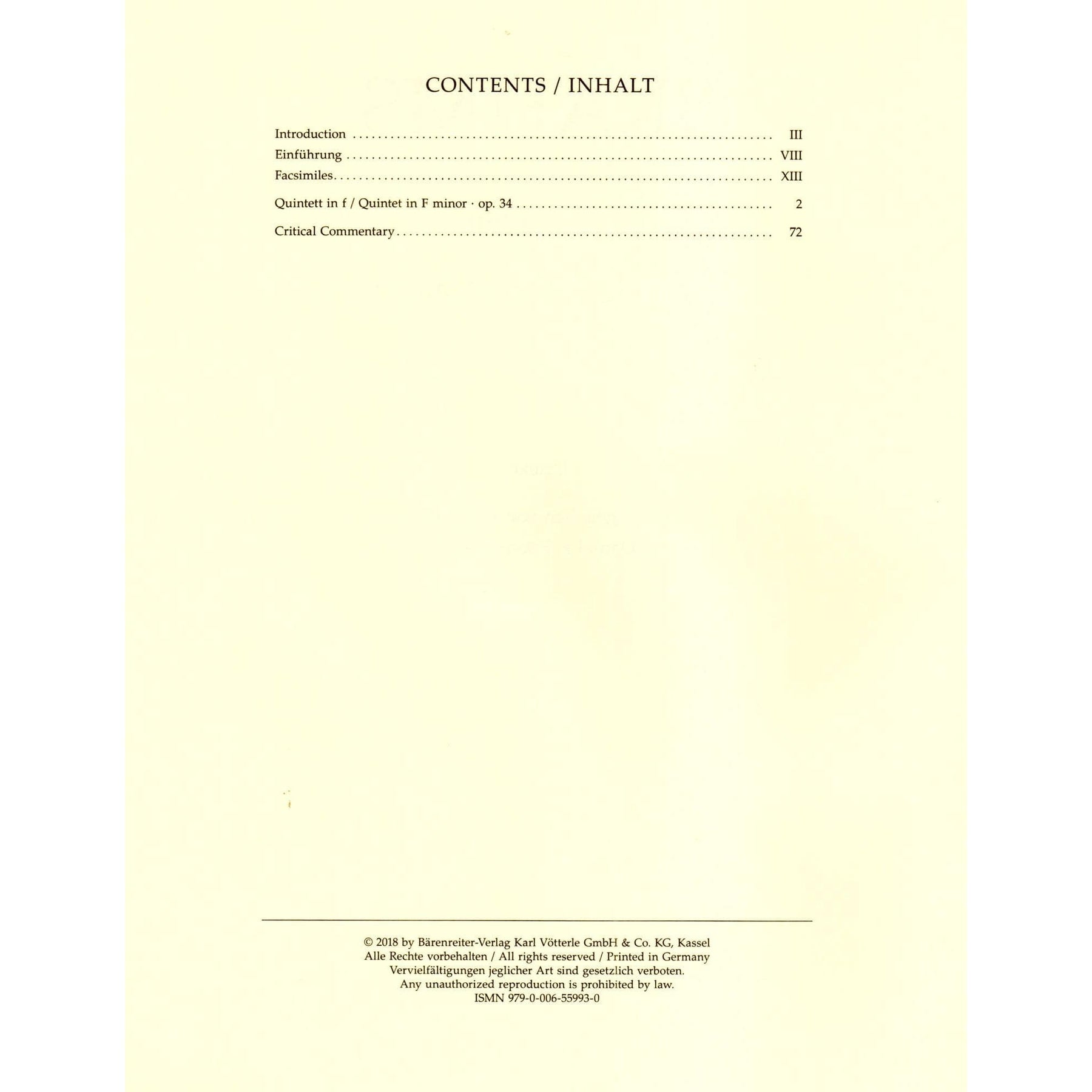Brahms, Johannes - Piano Quintet in F minor, Op. 34 - Barenreiter Urtext