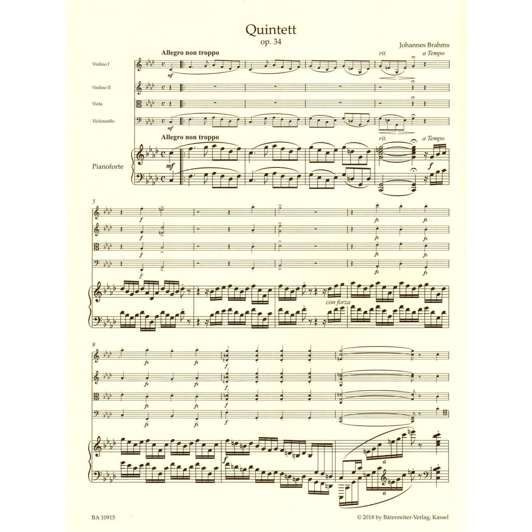 Brahms, Johannes - Piano Quintet in F minor, Op. 34 - Barenreiter Urtext