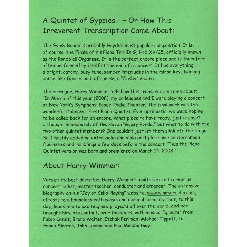 Haydn, Franz Joseph - Gypsy Rondo (from Piano Trio in G, Hob XV:25) - transcribed for Piano Quintet - edited by Harry Wimmer - Arioso Press