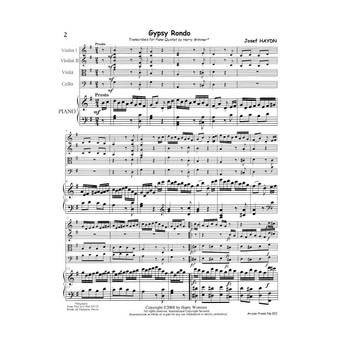 Haydn, Franz Joseph - Gypsy Rondo (from Piano Trio in G, Hob XV:25) - transcribed for Piano Quintet - edited by Harry Wimmer - Arioso Press