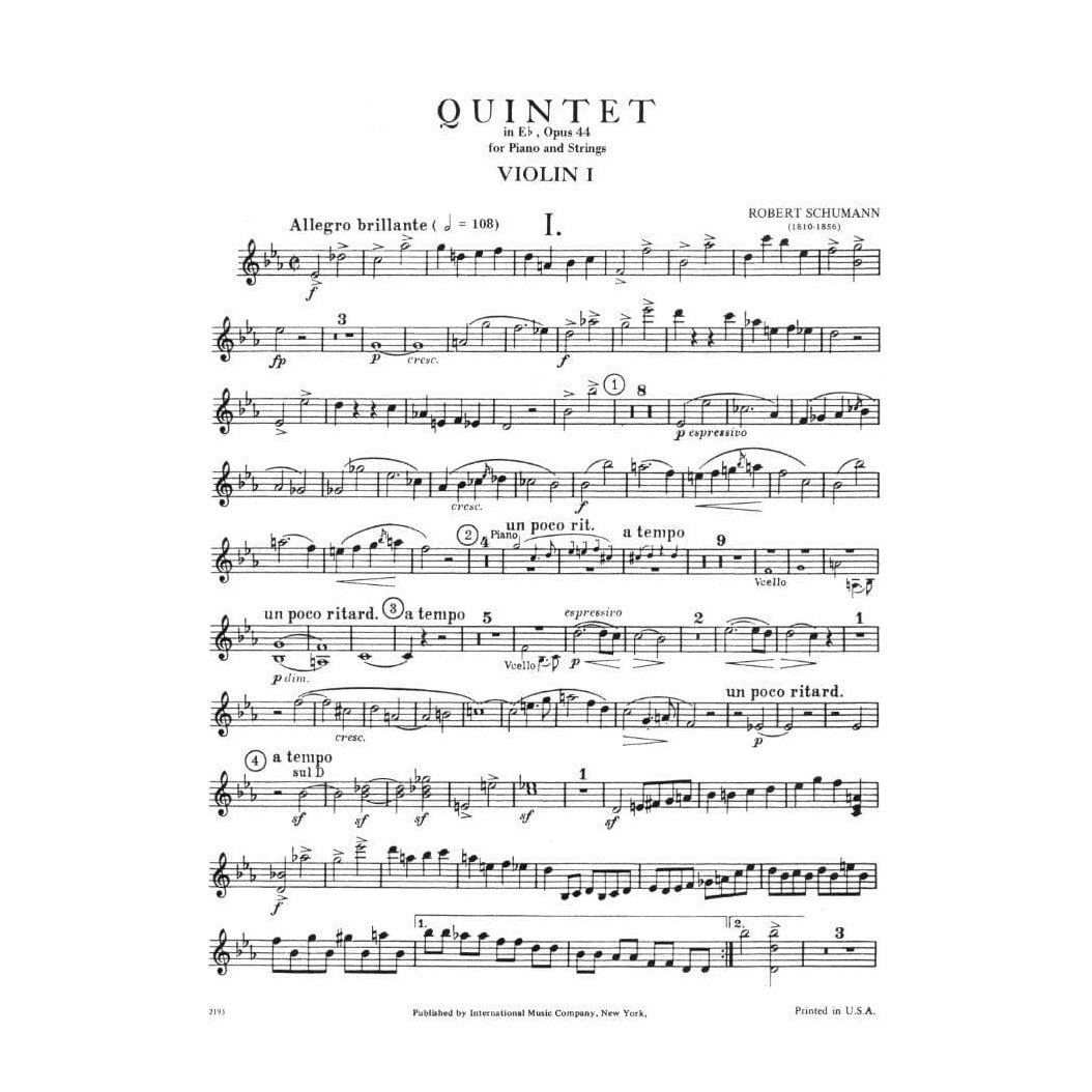 Schumann, Robert - Piano Quintet in E-flat Major, Op 44 For String Quartet and Piano Published by International Music Company