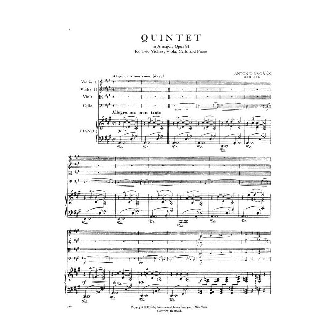 Dvorák, Antonín - Piano Quintet In A Major, Op 81 - Two Violins, Viola, Cello, and Piano - International Edition