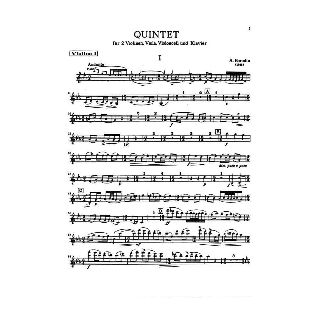 Borodin, Alexander - Piano Quintet in c minor (1862) for Two Violins, Viola, Cello and Piano - Kalmus Publication