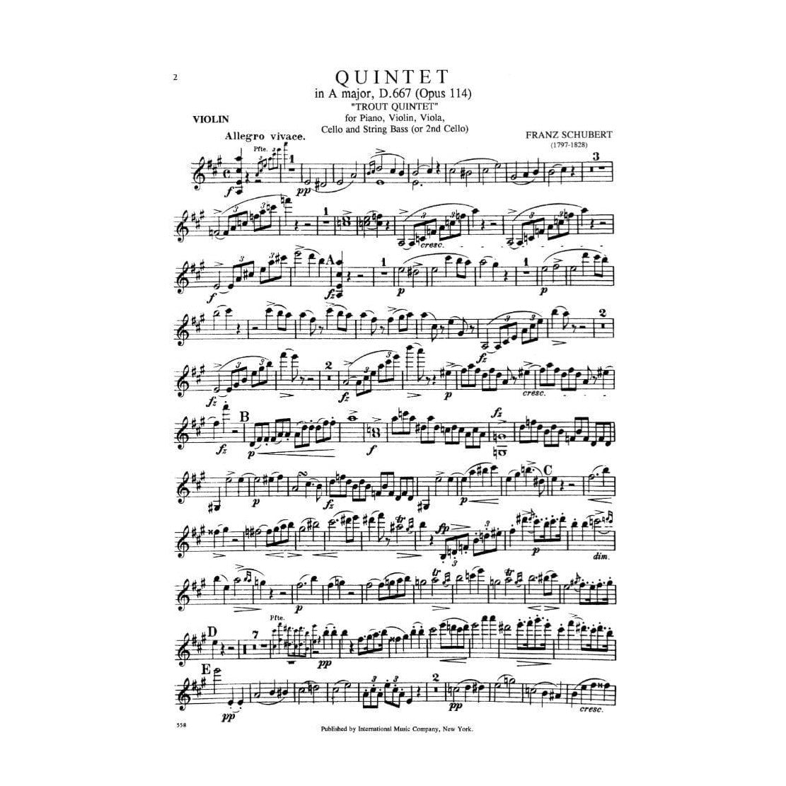 Schubert, Franz - Quintet In A Major, Op 114 ("Trout") Published by International Music Company
