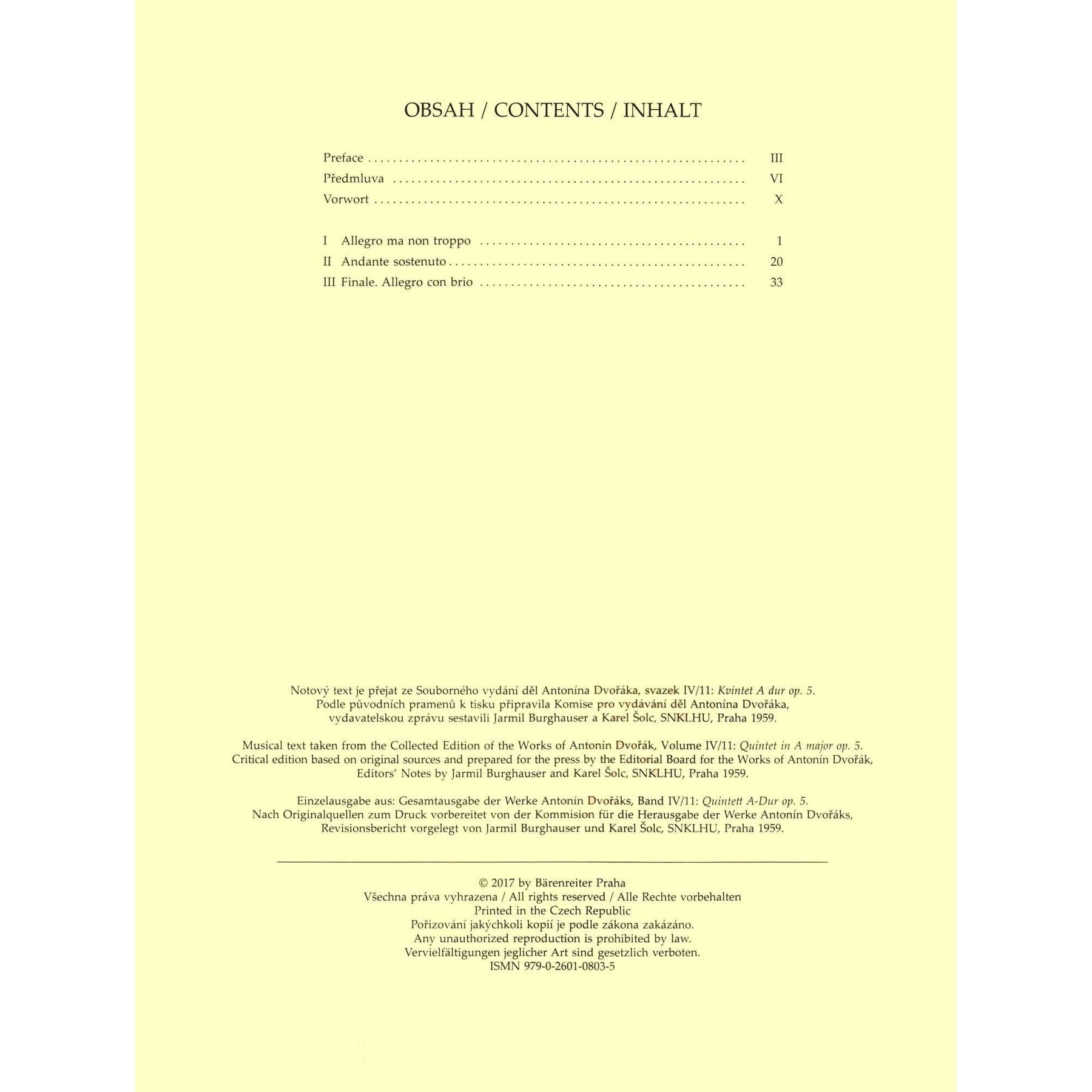 Dvorak, Antonin - Piano Quintet in A major, op. 5 - for Two Violins, Viola, Cello, and Piano - edited by Burghauser and Solc - Barenreiter URTEXT