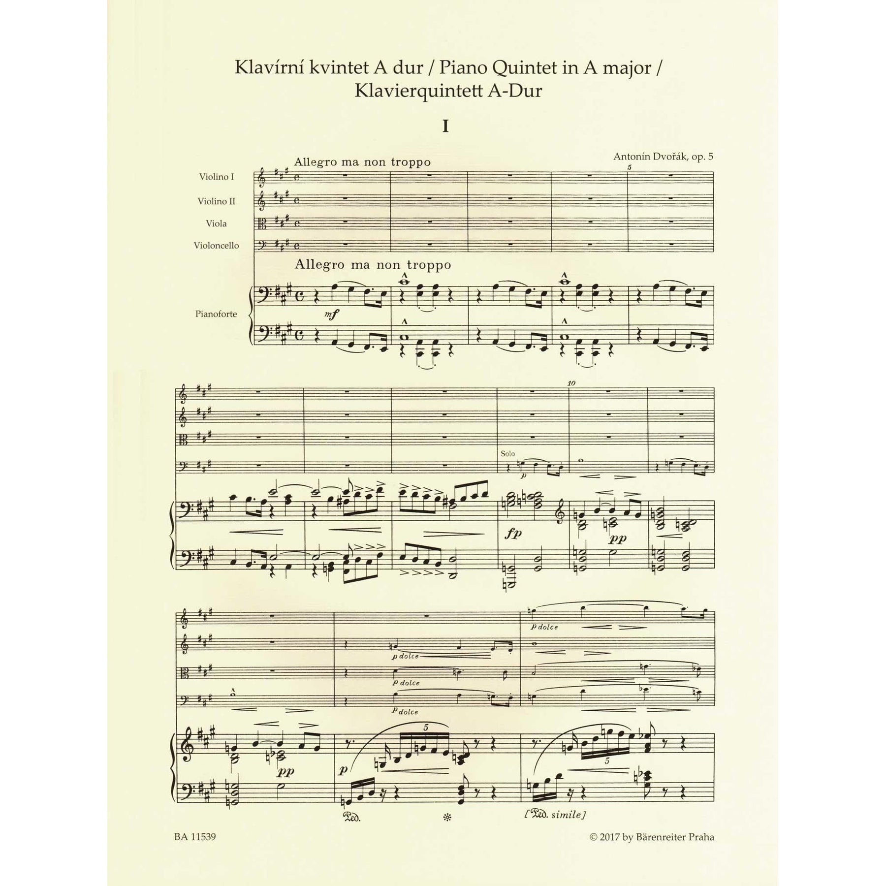 Dvorak, Antonin - Piano Quintet in A major, op. 5 - for Two Violins, Viola, Cello, and Piano - edited by Burghauser and Solc - Barenreiter URTEXT