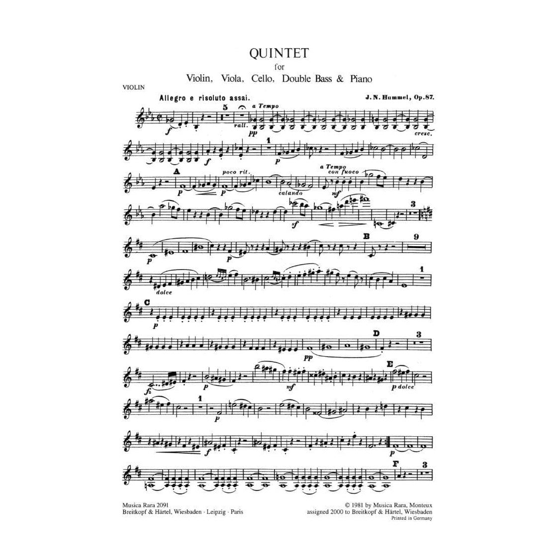 Hummel, Johann Nepomuk - Quintet, Op 87 - Violin, Viola, Cello, Bass, and Piano - Breitkopf & Härtel Edition