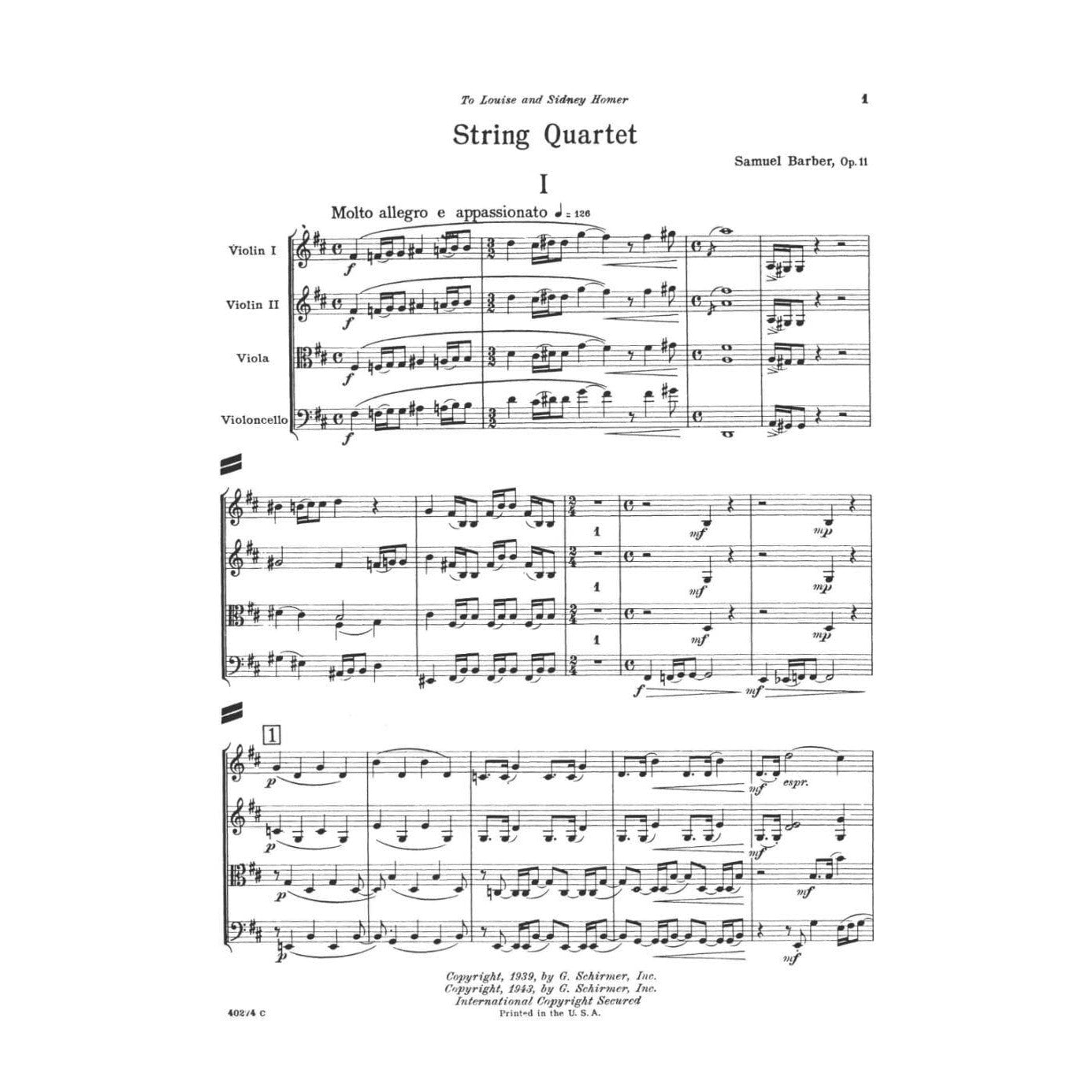 Barber, Samuel - String Quartet Op 11 - Score - Schirmer Edition