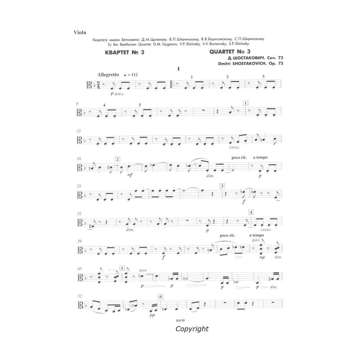 Shostakovich, Dmitri - Quartet No 3 in F, Op 73 Parts Published by DSCH