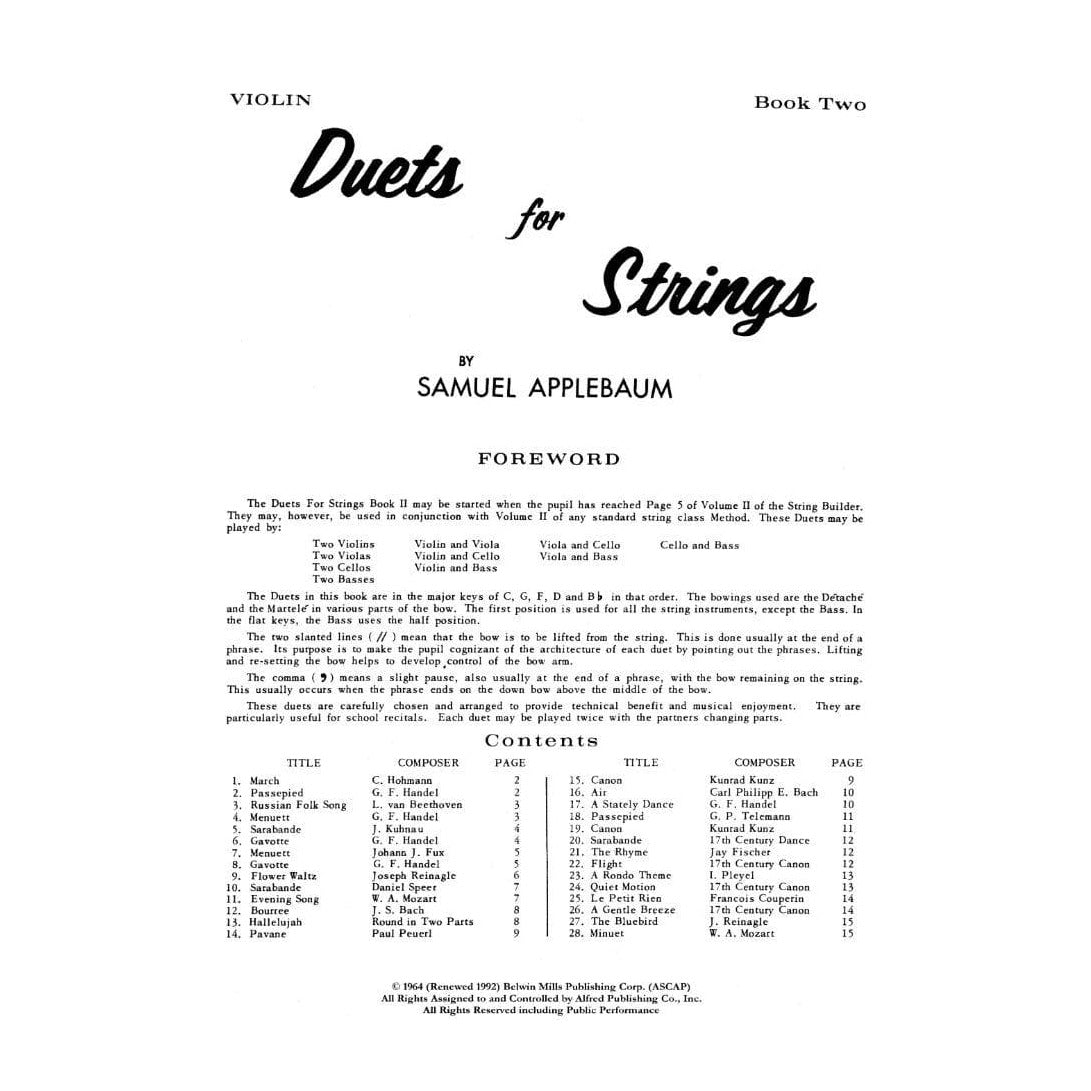 Applebaum, Samuel - Duets For Strings - Book 2 for Violin - Belwin/Mills Publication