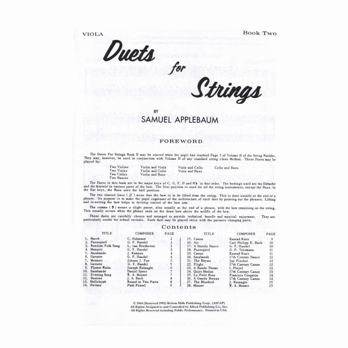 Applebaum, Samuel - Duets For Strings - Book 2 for Viola - Belwin/Mills Publication