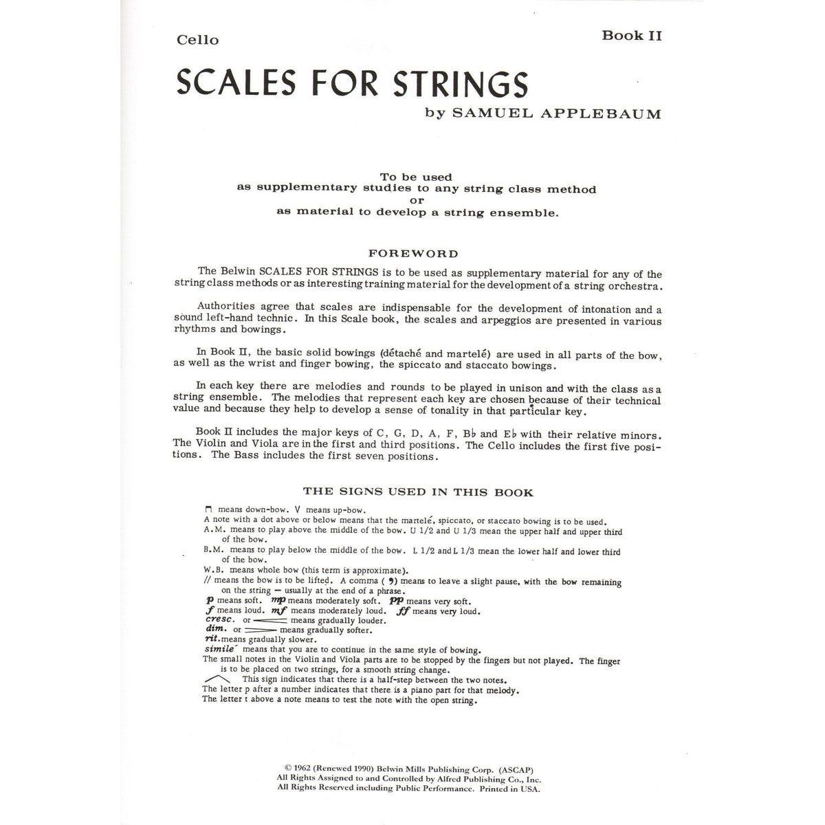 Applebaum, Samuel - Scales For Strings - Book 2 for Cello - Belwin/Mills Publication