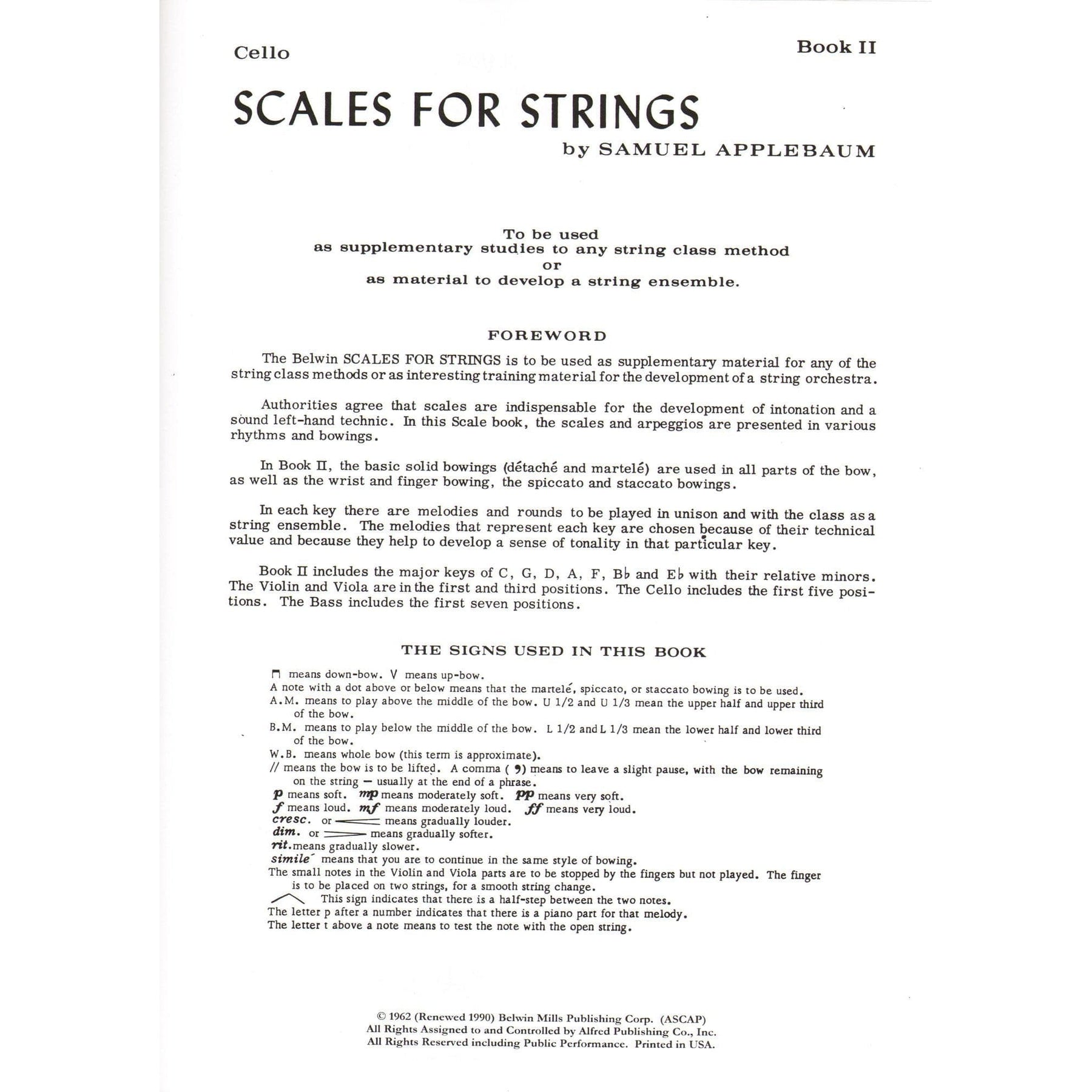 Applebaum, Samuel - Scales For Strings - Book 2 for Cello - Belwin/Mills Publication
