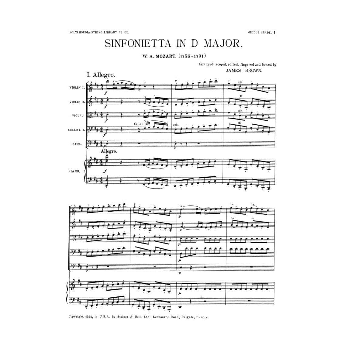 Mozart, WA - Sinfonietta in D Major for String Orchestra - Piano Score ONLY - EC Schirmer Publishing