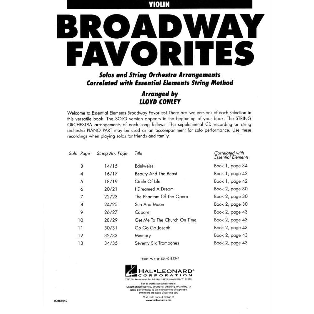 Essential Elements: Broadway Favorites - Violin - arranged by Lloyd Conley - Hal Leonard Publication