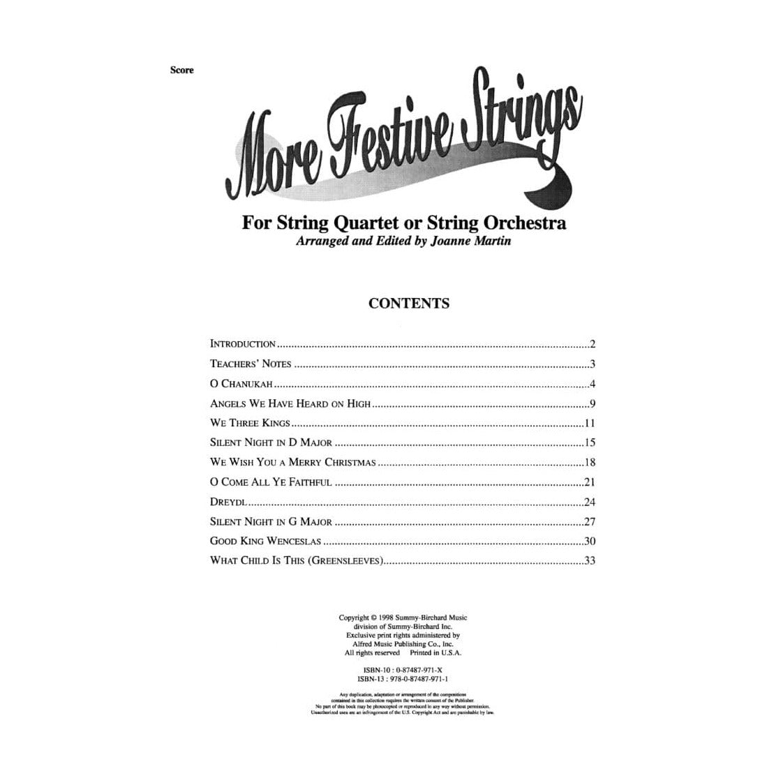 Martin, Joanne - More Festive Strings for String Quartet or String Orchestra - SCORE ONLY - Alfred Music Publishing