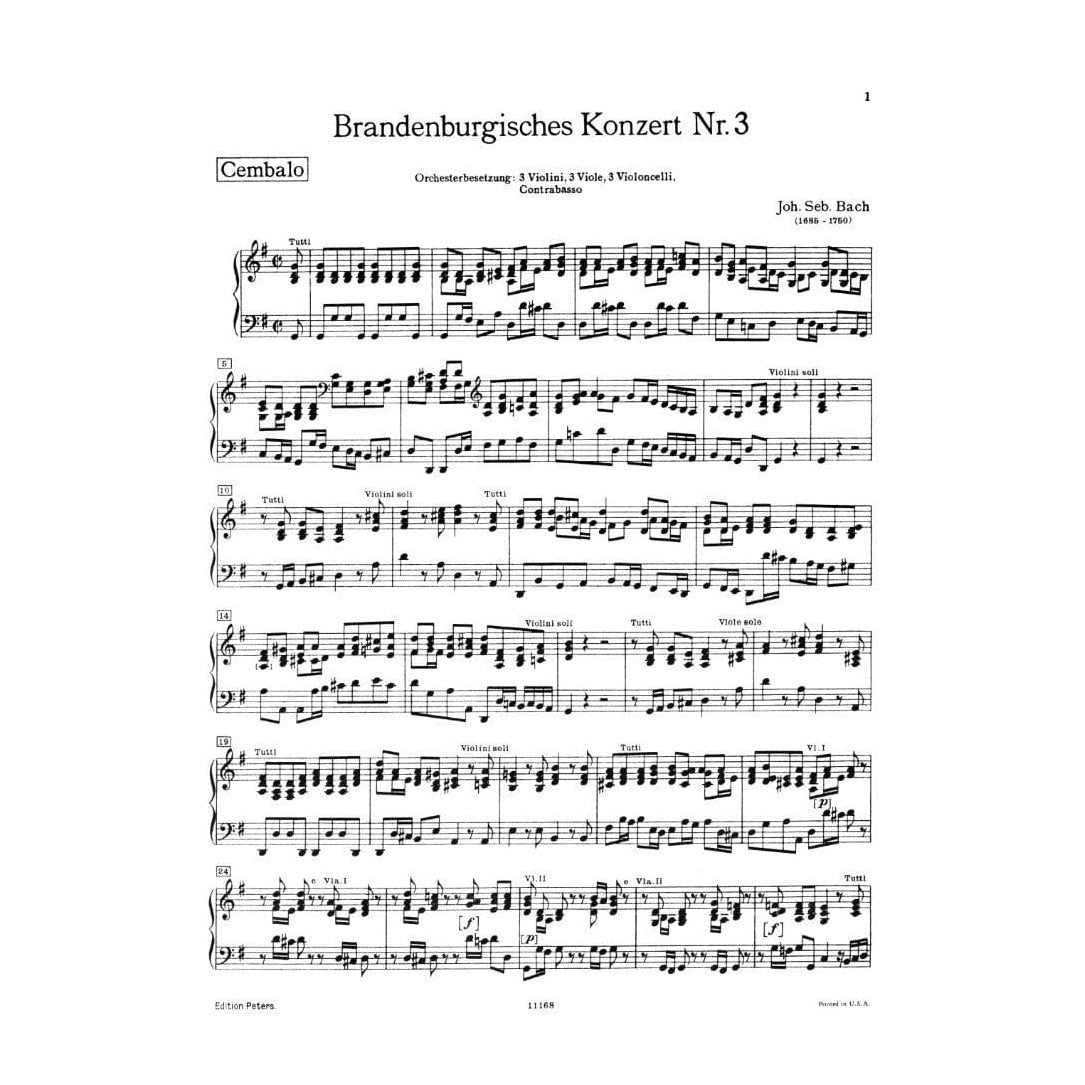 Bach, JS - Brandenburg Concerto No 3 BWV 1048 for Piano - Peters Edition