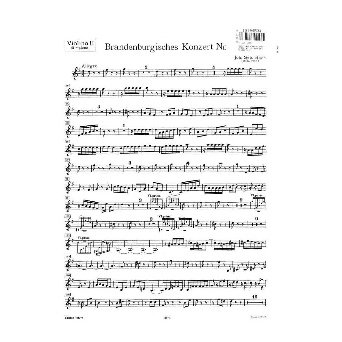 Bach, J.S. - Brandenburg Concerto No. 4, BWV 1049 - Violin 2 Part - Peters Edition