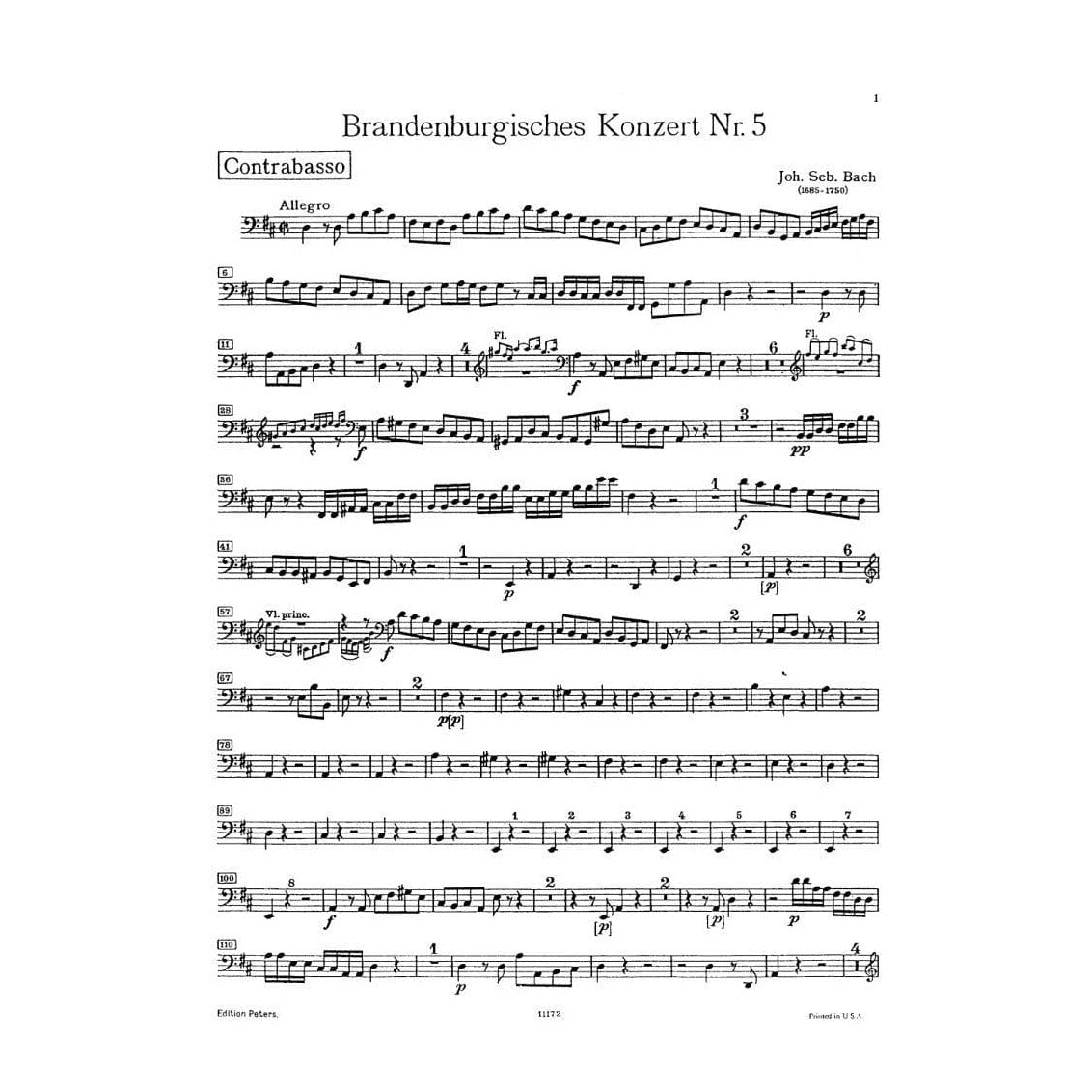 Bach, JS - Brandenburg Concerto No. 5, BWV 1050 - Bass Part - Peters Edition