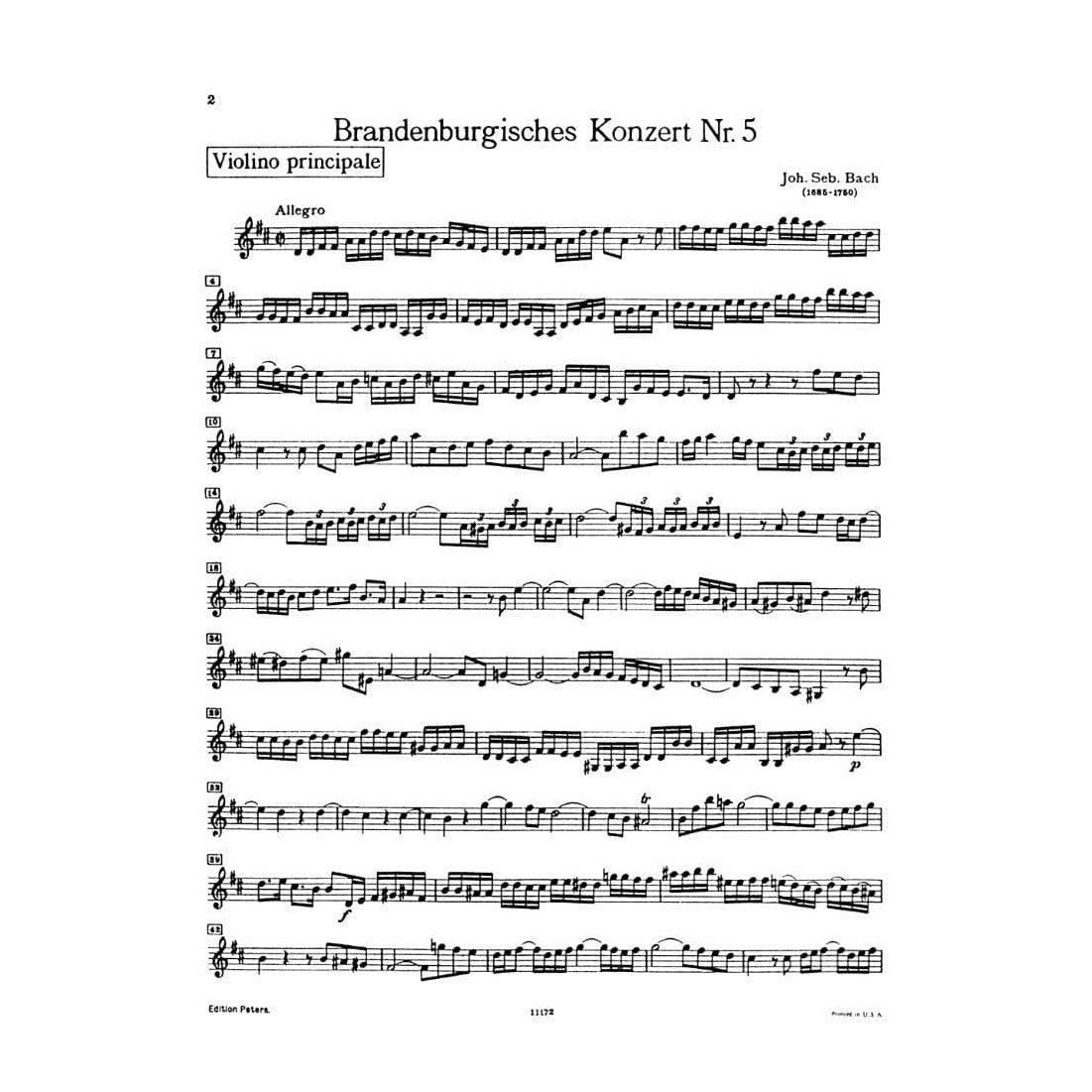 Bach, JS - Brandenburg Concerto No. 5, BWV 1050 - Solo VIolin Part - Peters Edition
