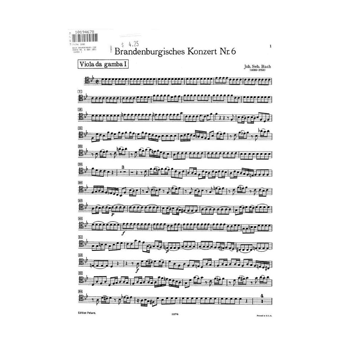 Bach, JS - Brandenburg Concerto No 6 BWV 1051 for 1st Viola da Gamba - Peters Edition
