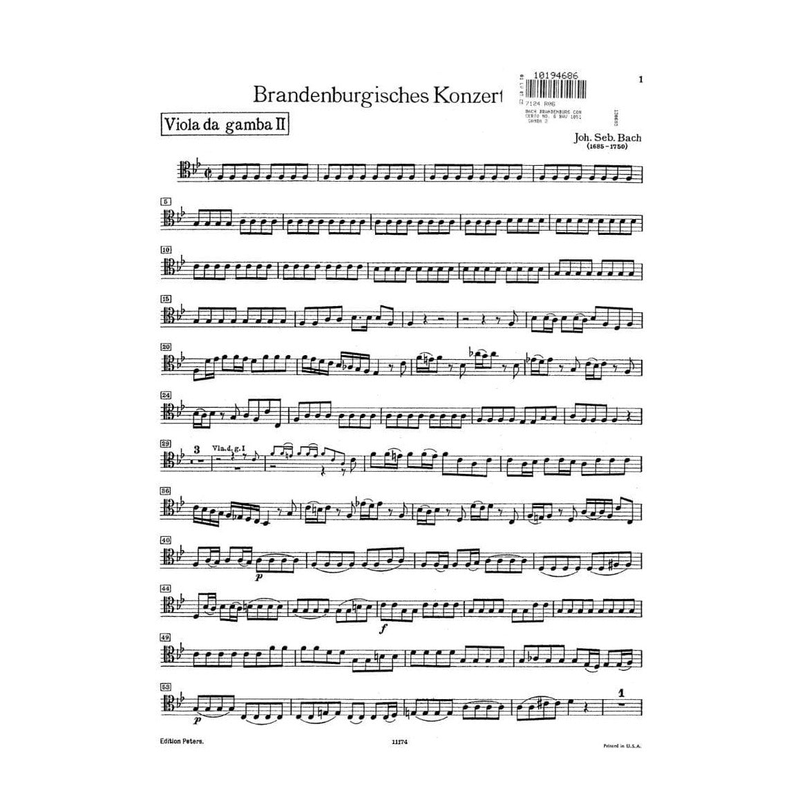 Bach, JS - Brandenburg Concerto No 6 BWV 1051 for 2nd Viola da Gamba - Peters Edition