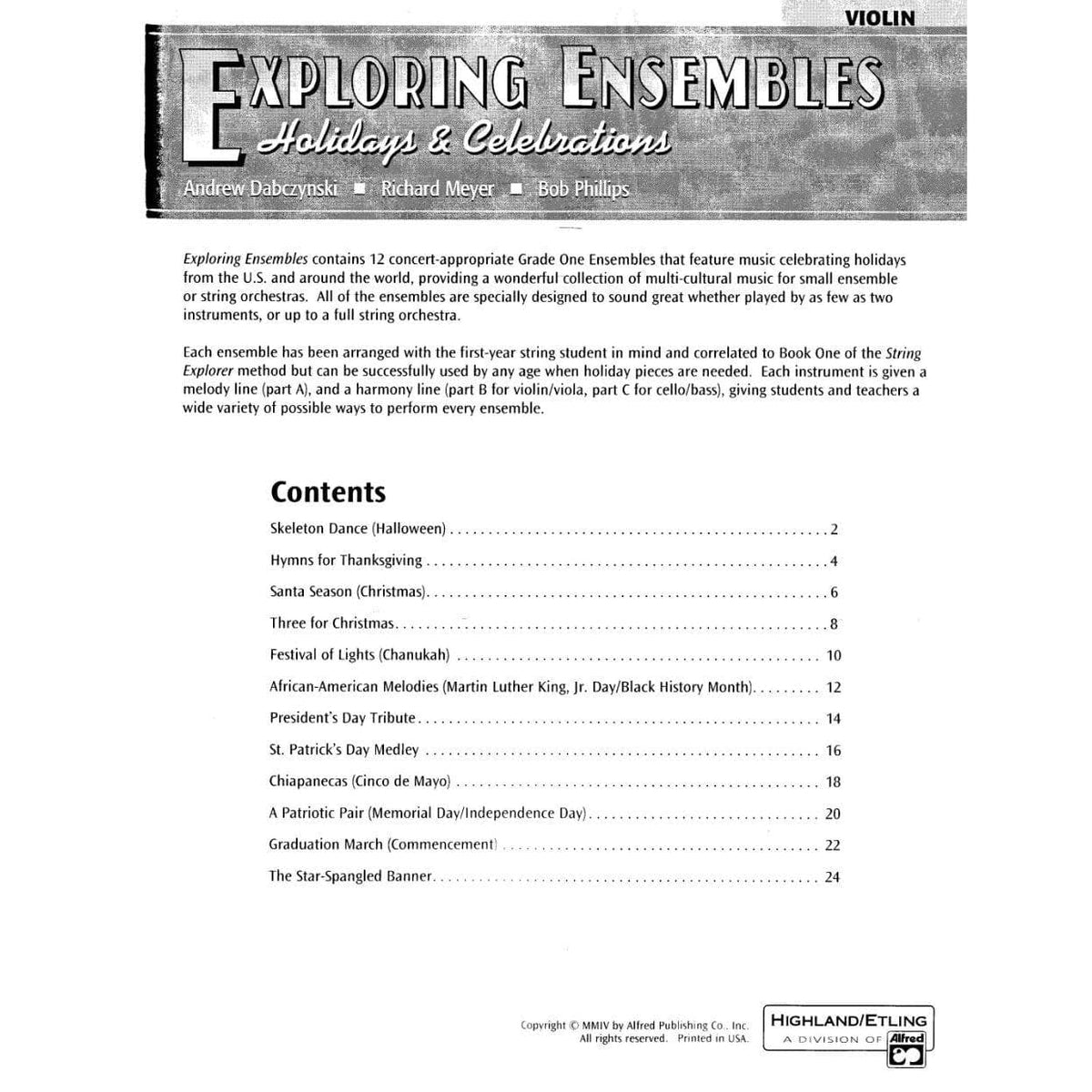 Dabczynski / Meyer / Phillips - Exploring Ensembles: Holidays and Celebrations for Violin - Highland/Etling Publication