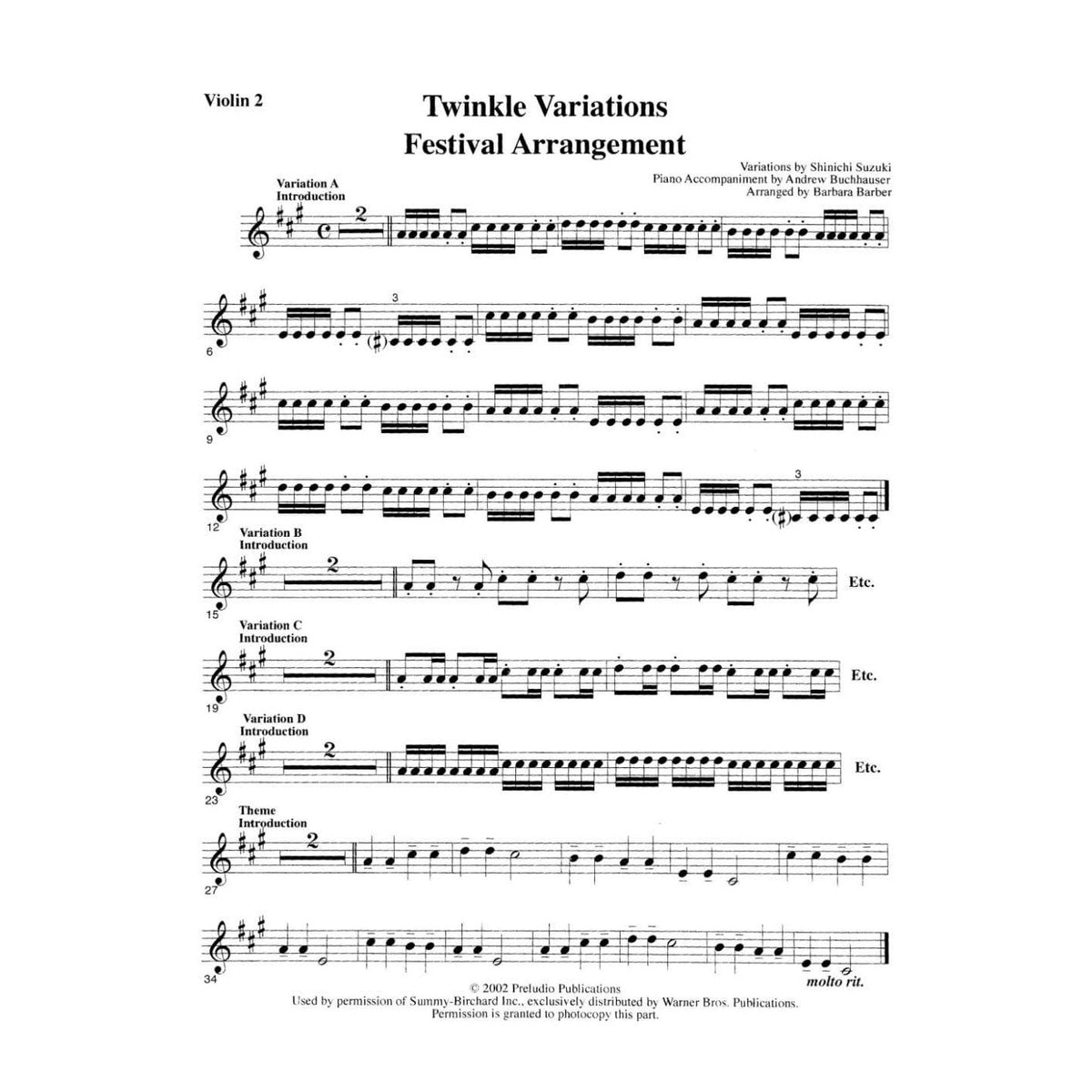 Suzuki, Shinichi - Twinkle Variations Festival Arrangement for Violins, Violas, Cellos, Basses and Piano - Arranged by Barbara Barber - Preludio Publication