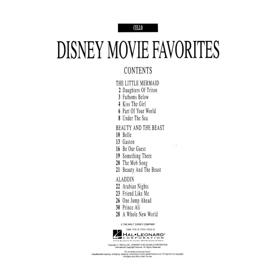 Disney Movie Favorites - Cello solo - Hal Leonard Publication