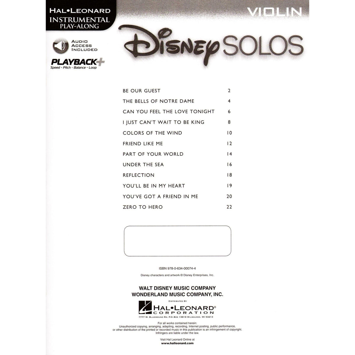 Disney Solos for Violin - Book/Online Audio - Hal Leonard Publication