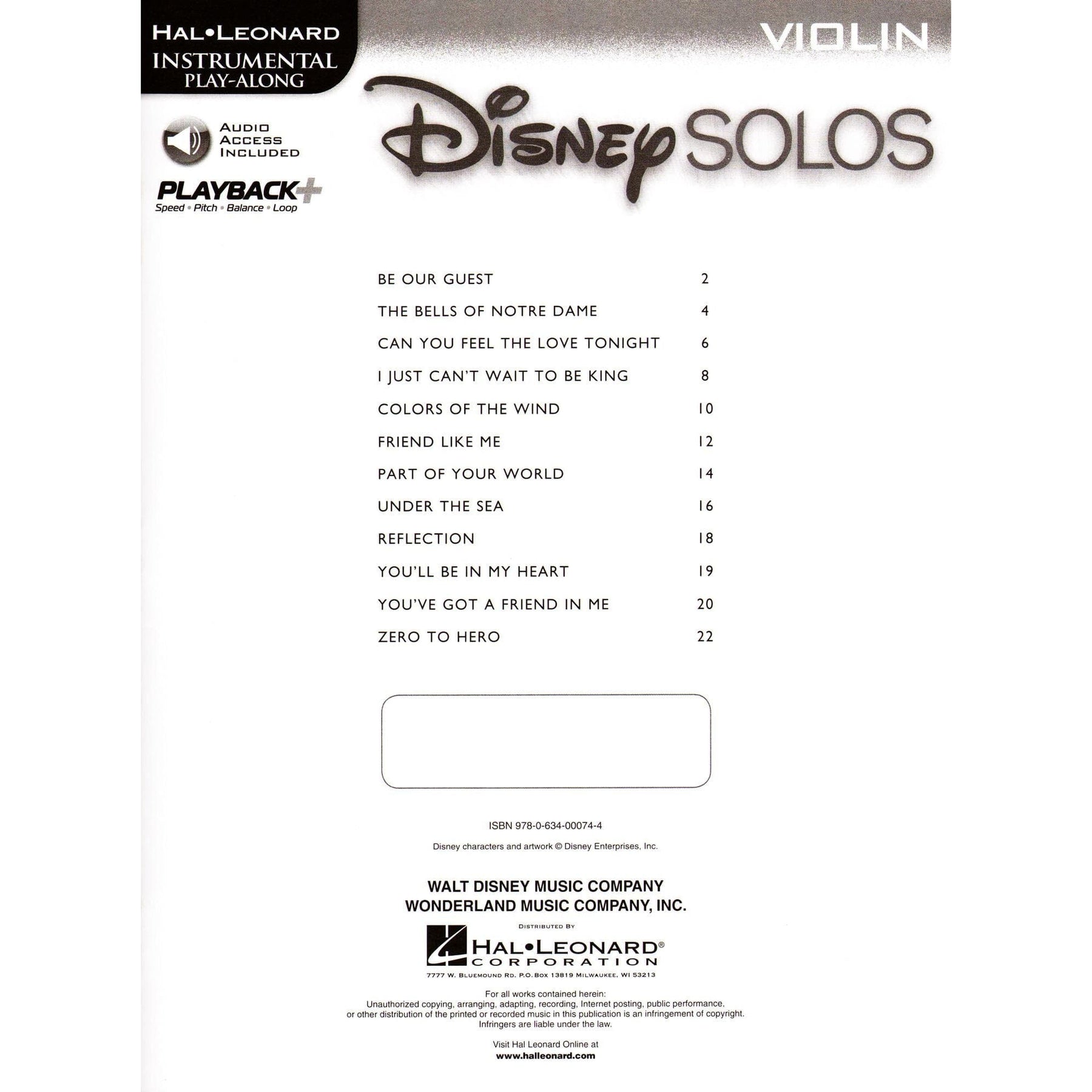 Disney Solos for Violin - Book/Online Audio - Hal Leonard Publication