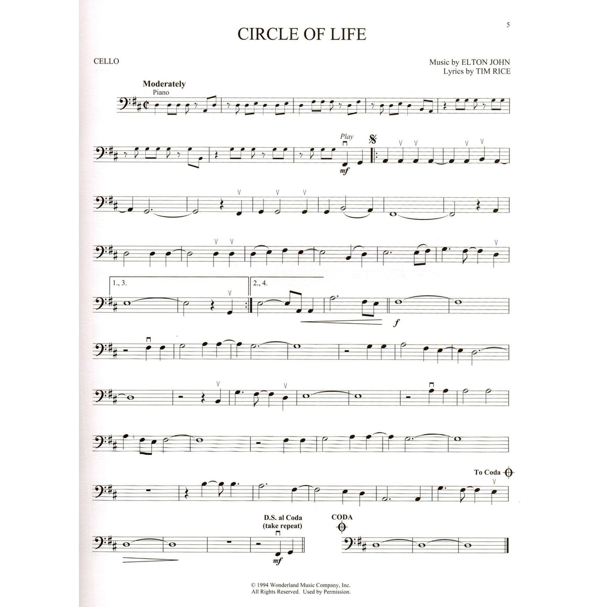 Disney's The Lion King - Instrumental Play-Along - for Cello with Online Audio - Hal Leonard