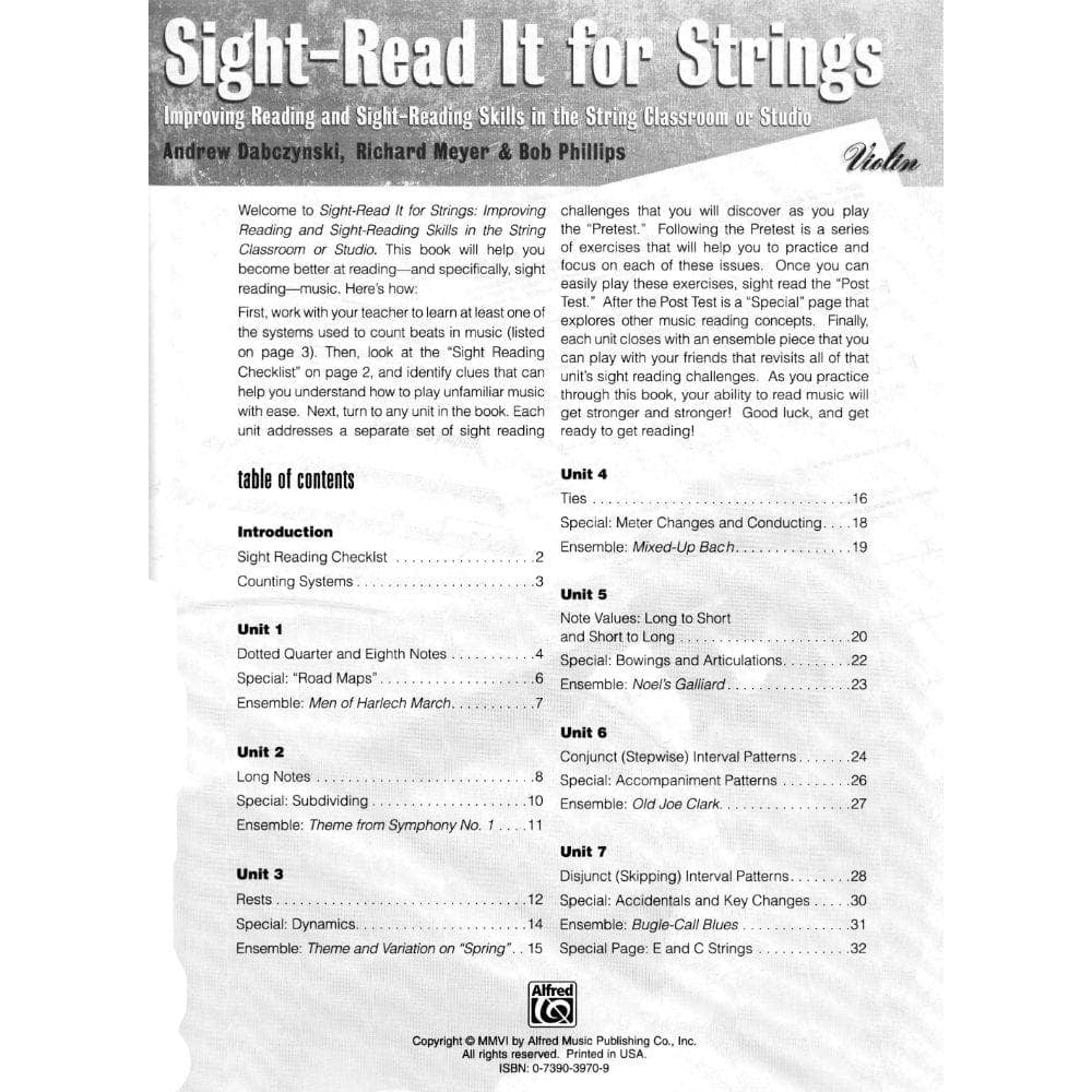 Dabczynski / Meyer / Phillips - Sight Read It for Strings: Improving Reading and Sight-Reading Skills in the String Classroom or Studio for Violin - Alfred Publication