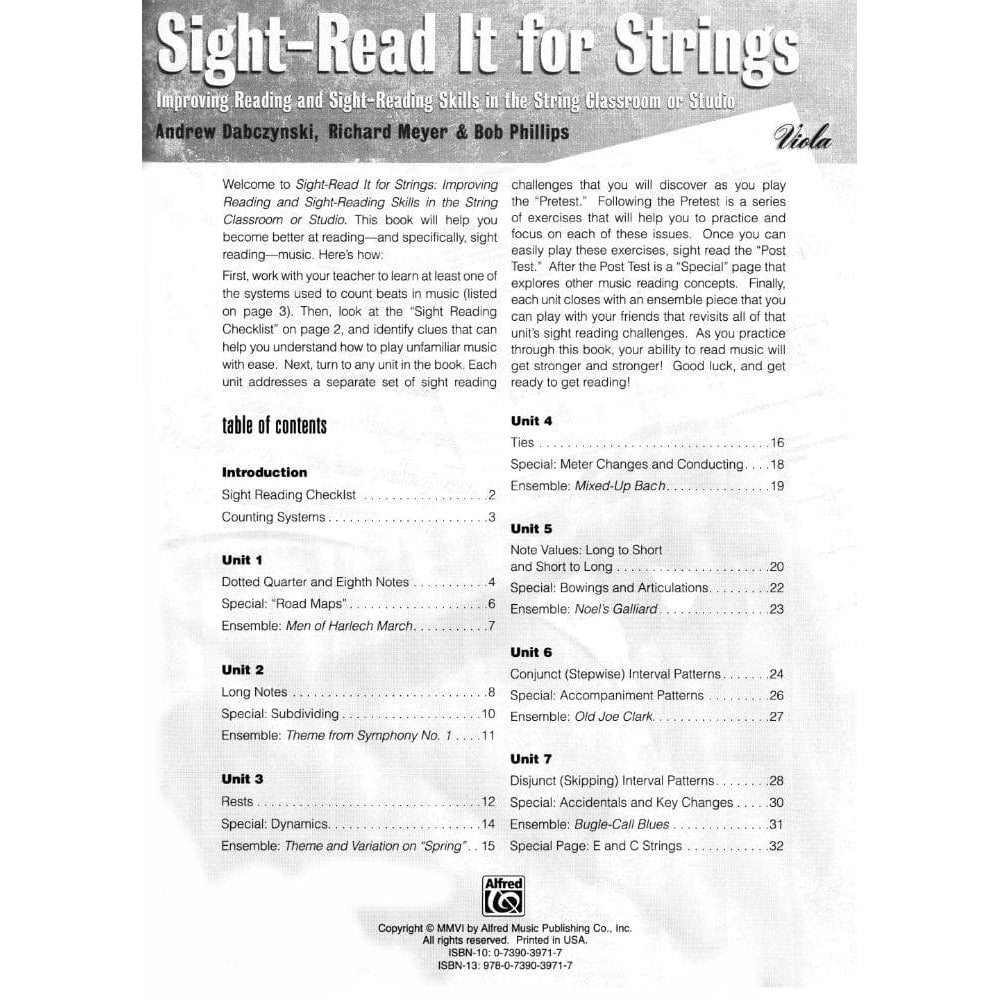 Dabczynski / Meyer / Phillips - Sight Read It for Strings: Improving Reading and Sight-Reading Skills in the String Classroom or Studio for Viola - Alfred Publication