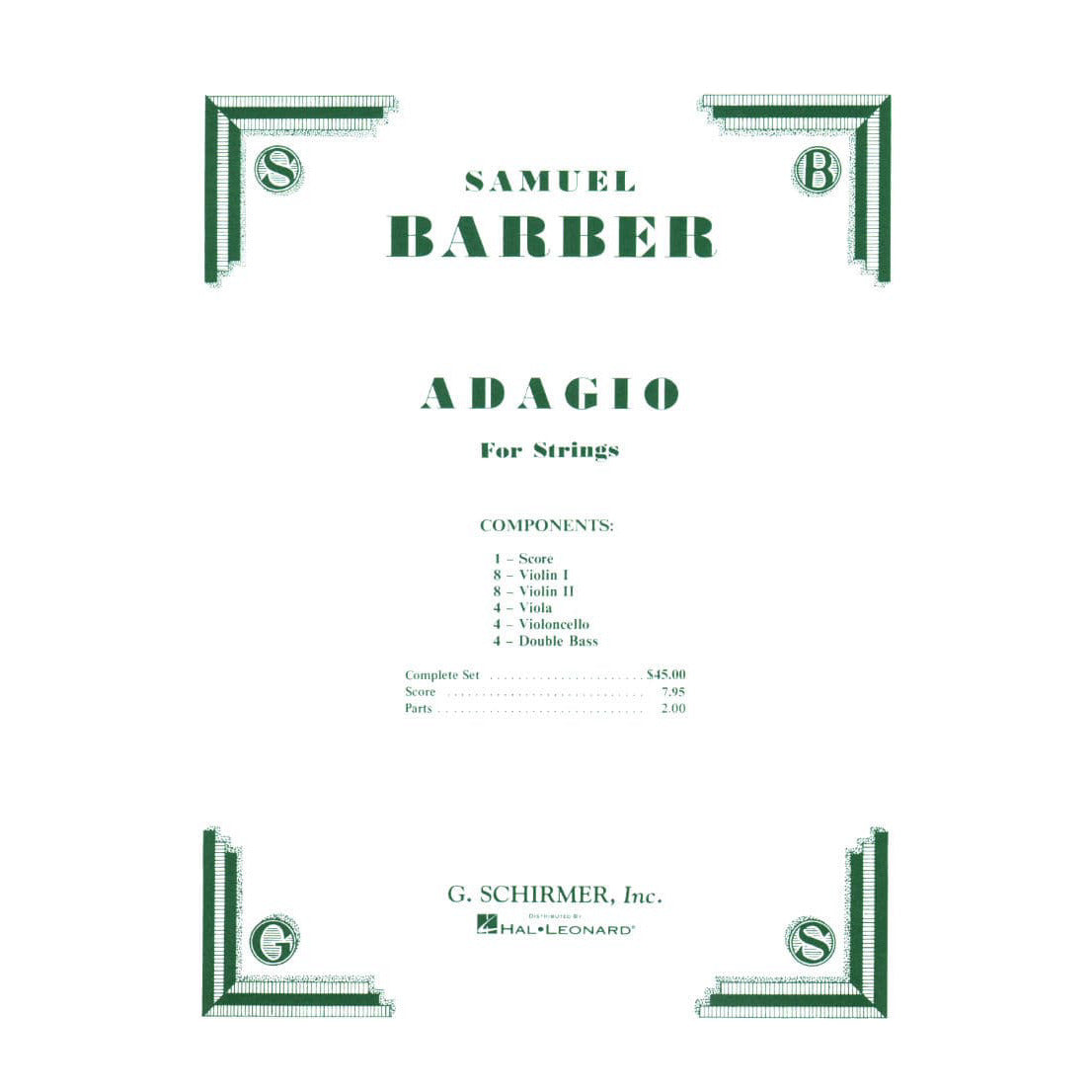 Barber, Samuel - Adagio for String Quartet Op 11 - Set of Parts - Schirmer Edition