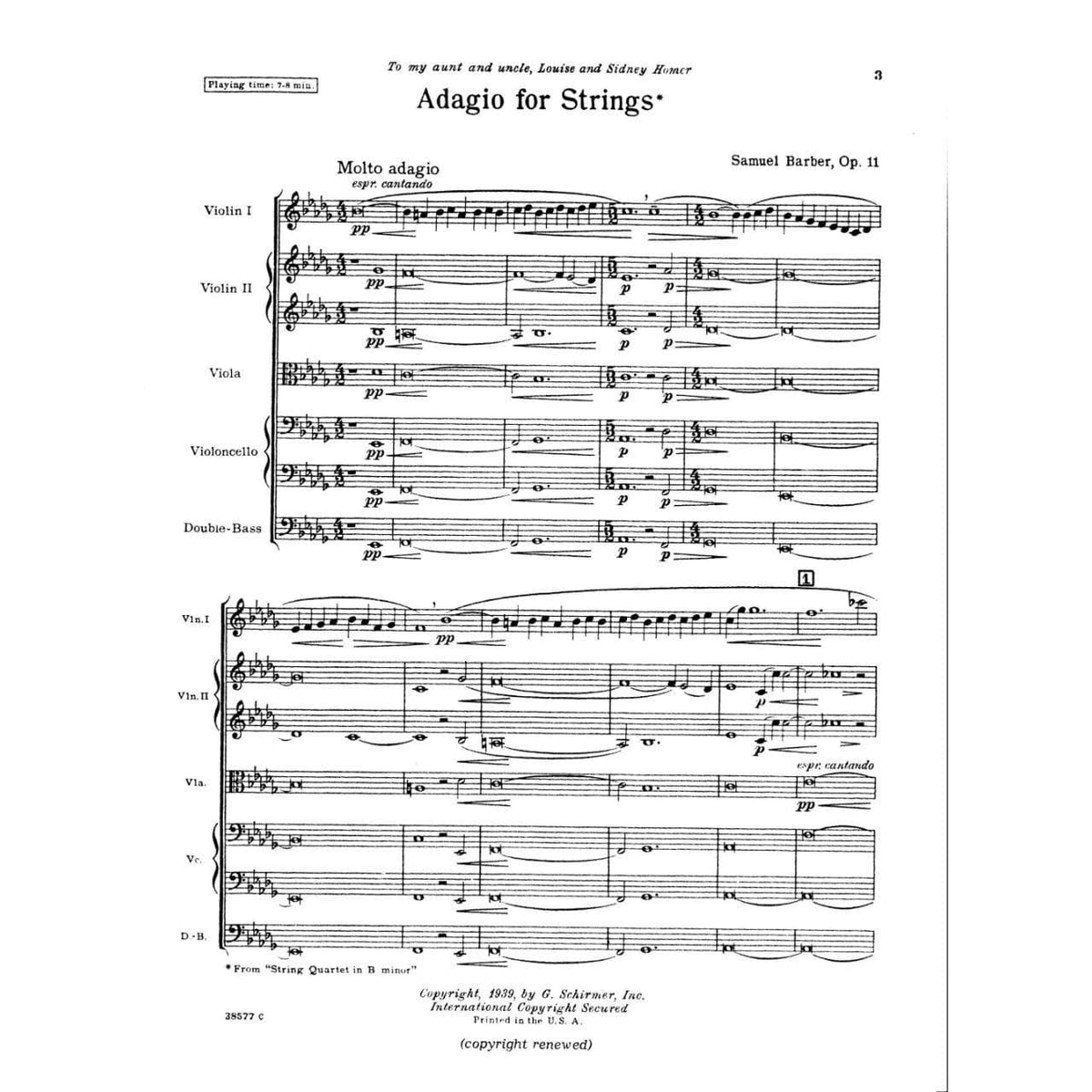 Barber, Samuel - Adagio For Strings Op 11 - Score - Schirmer Edition