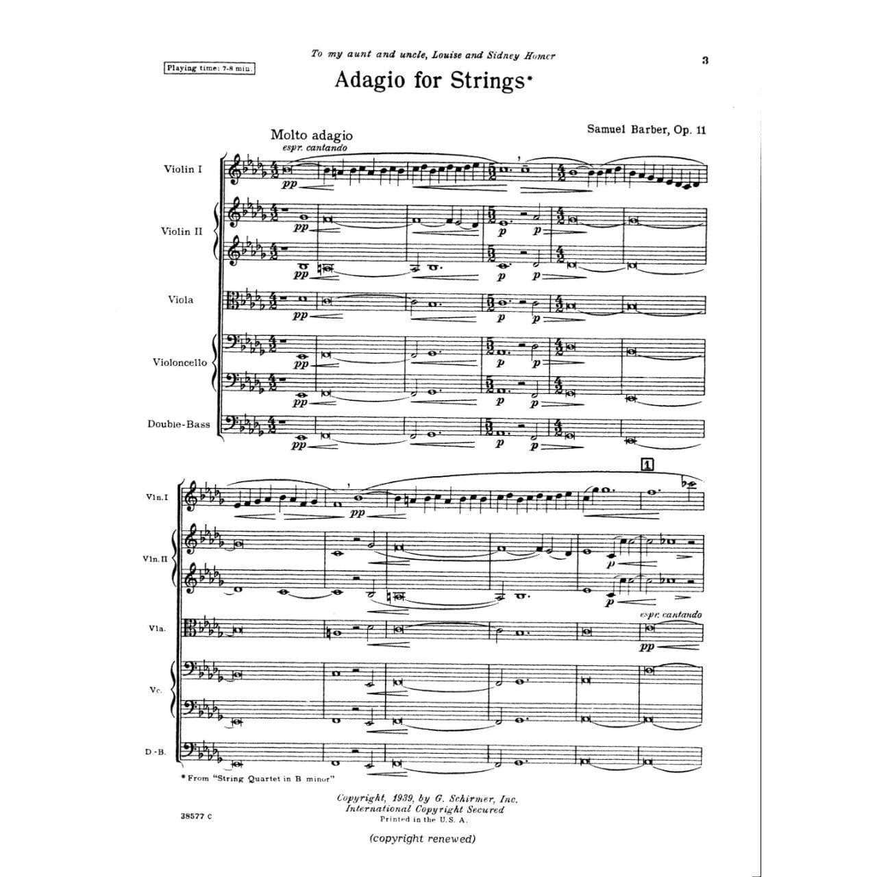 Barber, Samuel - Adagio For Strings Op 11 - Score - Schirmer Edition