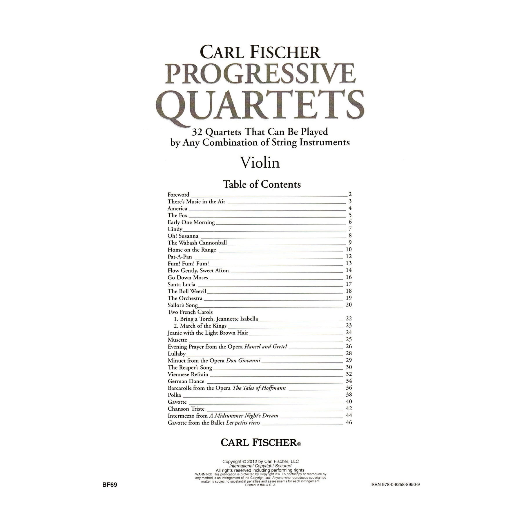 Progressive Quartets for Violin - 32 Quartets for Any Combination of Stringed Instruments - Arranged by Doris Gazda - Carl Fischer Publication