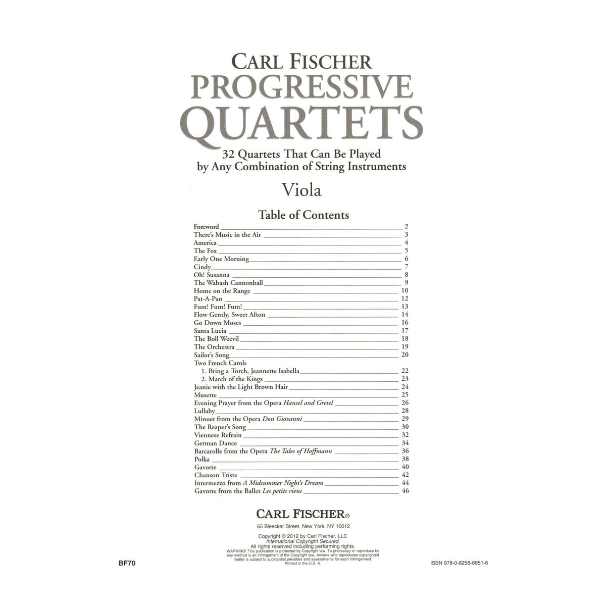 Progressive Quartets for Viola - 26 Quartet for Any Combination of Stringed Instruments - Arranged by Doris Gazda - Carl Fischer Publication