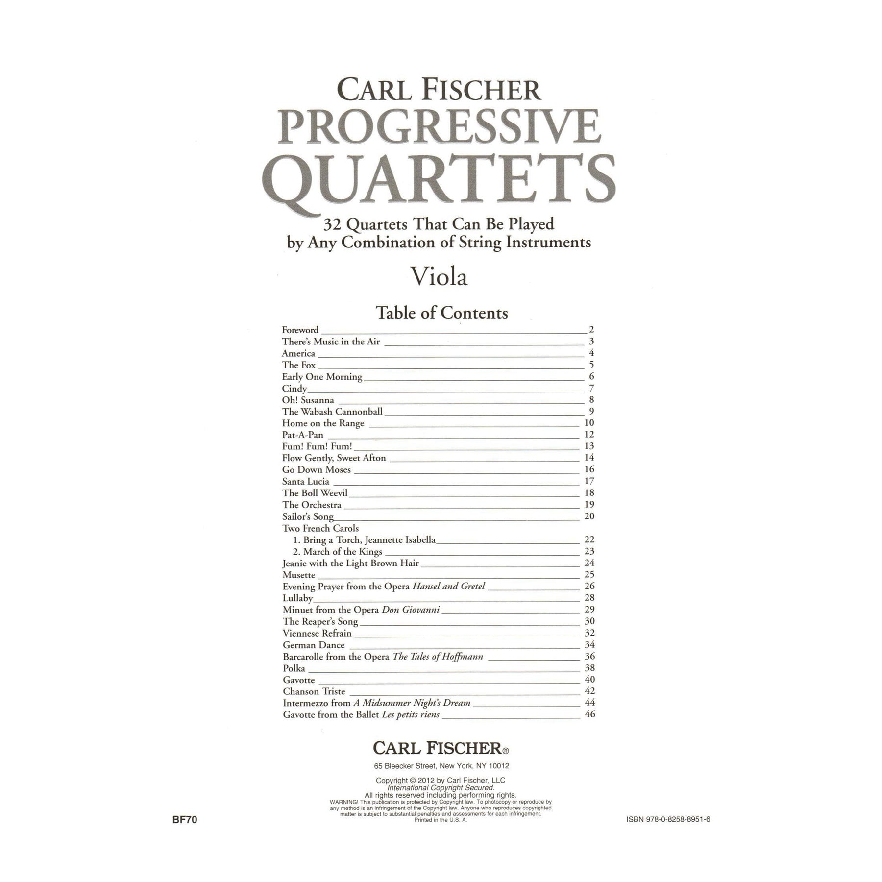 Progressive Quartets for Viola - 26 Quartet for Any Combination of Stringed Instruments - Arranged by Doris Gazda - Carl Fischer Publication
