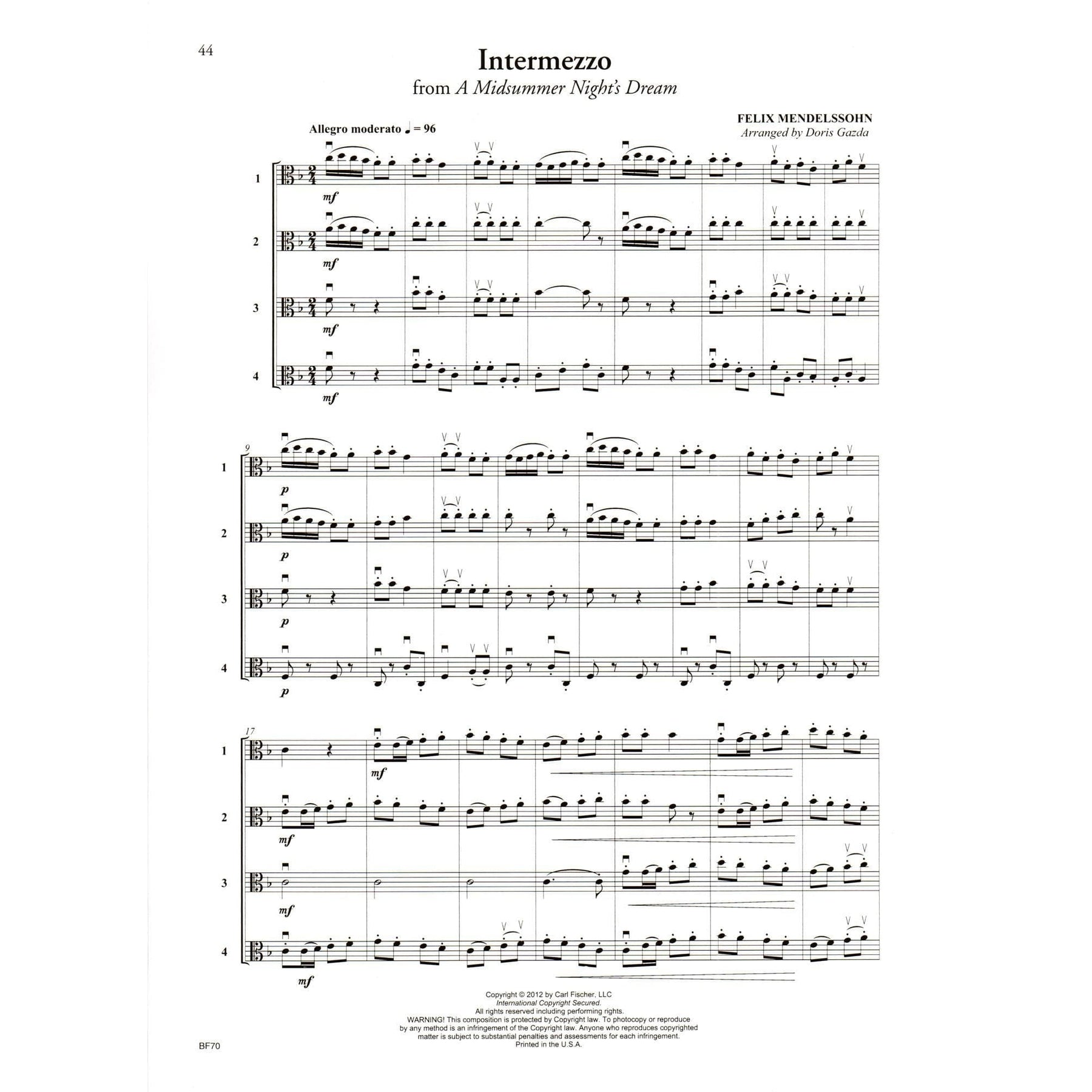 Progressive Quartets for Viola - 26 Quartet for Any Combination of Stringed Instruments - Arranged by Doris Gazda - Carl Fischer Publication