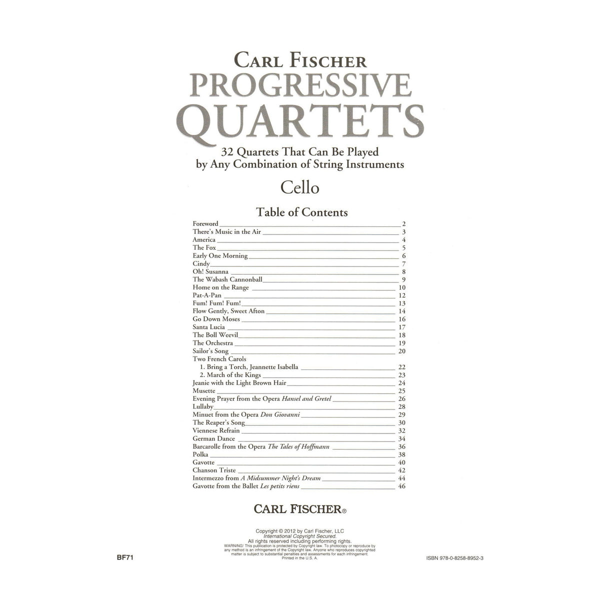 Progressive Quartets for Cello - 26 Quartets for Any Combination of Stringed Instruments - Arranged by Doris Gazda - Carl Fischer Publication