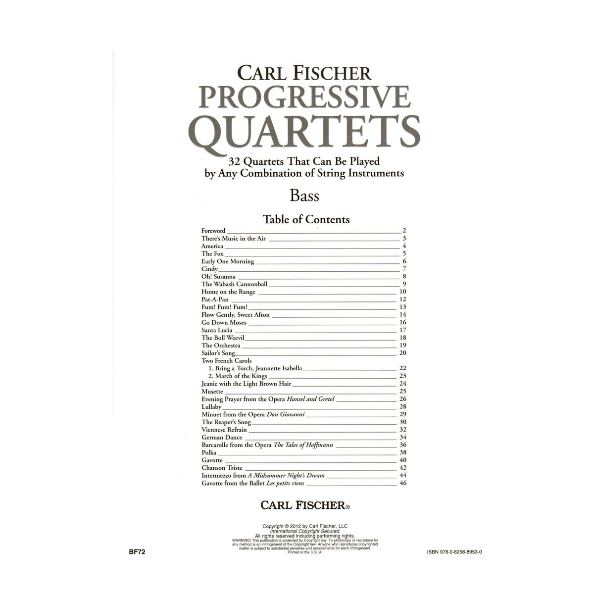 Progressive Quartets for Bass - 26 Quartets for Any Combination of Stringed Instruments - Arranged by Doris Gazda - Carl Fischer Publication