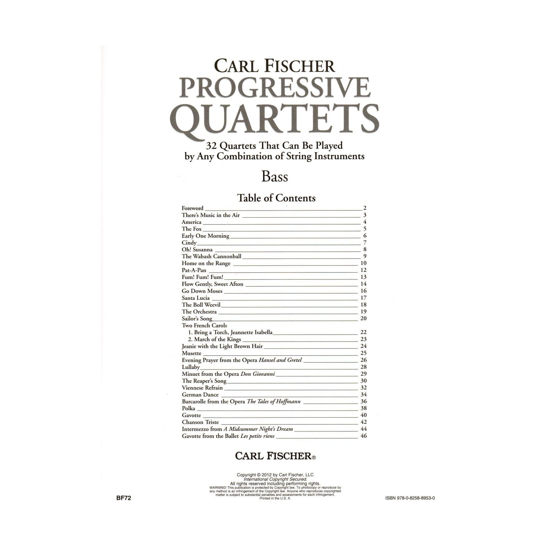 Progressive Quartets for Bass - 26 Quartets for Any Combination of Stringed Instruments - Arranged by Doris Gazda - Carl Fischer Publication