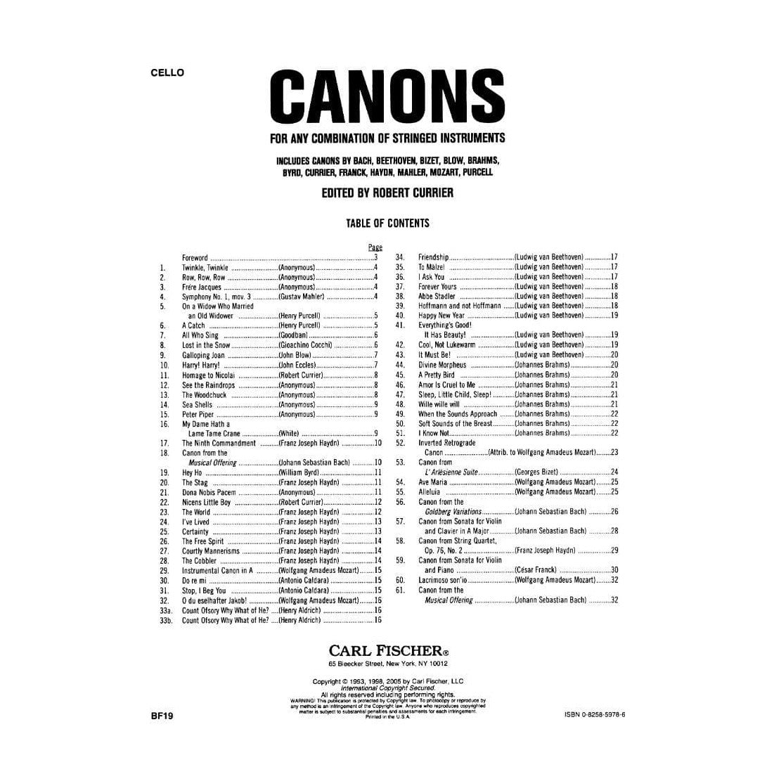 Canons for Any Combination of Stringed Instruments - Cello - edited by Robert Currier - Carl Fischer Edition