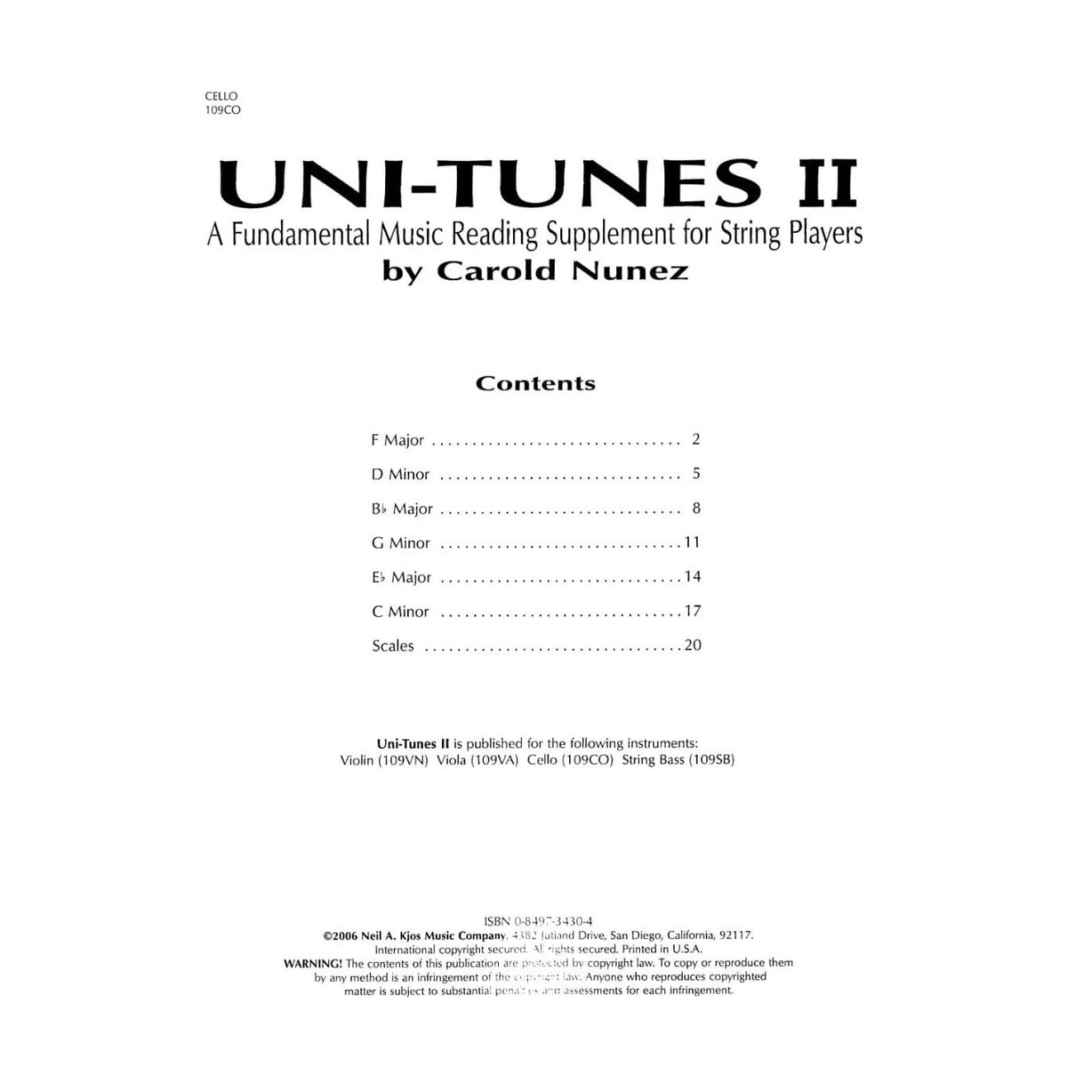 Uni-Tunes II Fundamental Reading Supplement-Cello By Carol Nunez Published by Neil A Kjos Music Company