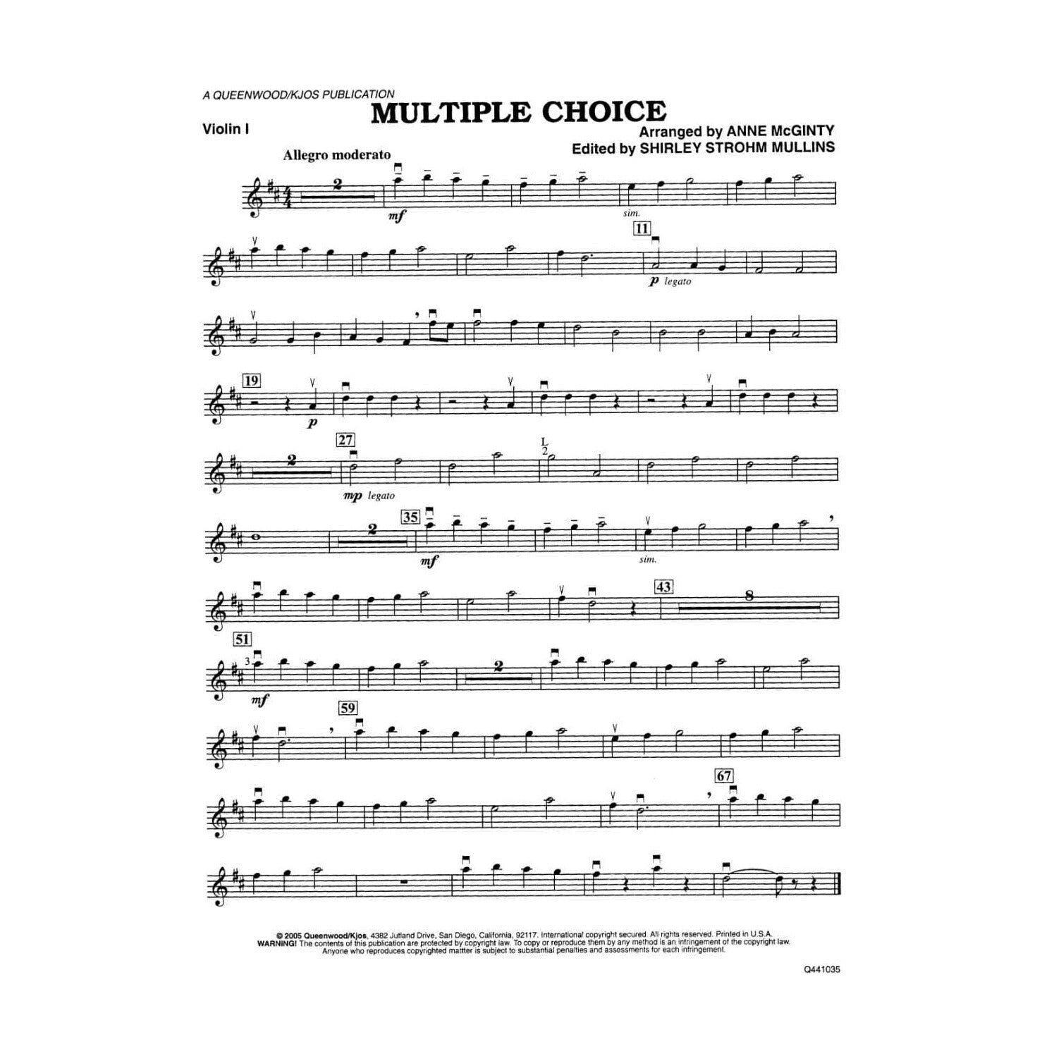 McGinty, Anne - Multiple Choice - String Orchestra - Score and Parts - edited by Shirley Strohm Mullins - Queenwood Publications (Kjos)